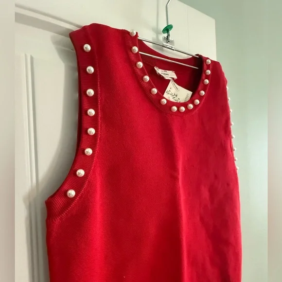 ENTRO Red Sleeveless Top with Pearl Accents - Picture 2 of 4